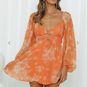 Hello Molly Orange Floral Long Sleeve Mini Dress Size M